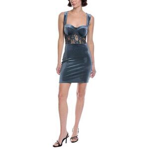 Marion Womens  Floral Lace-Detailed Velvety Mini Dress, Blue